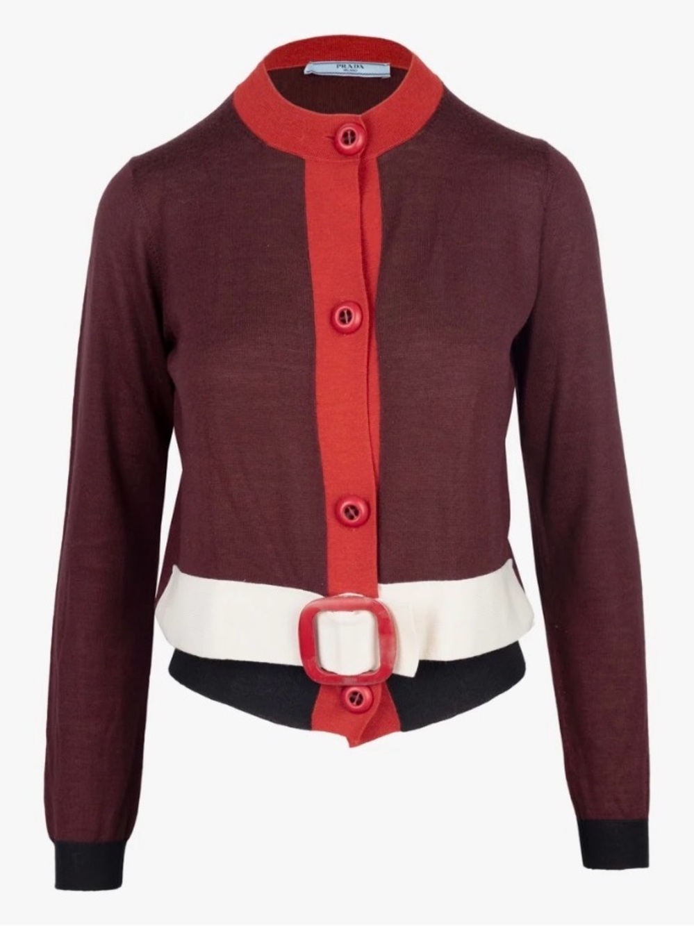 Prada Burgundy Colorblock Belted Cardigan